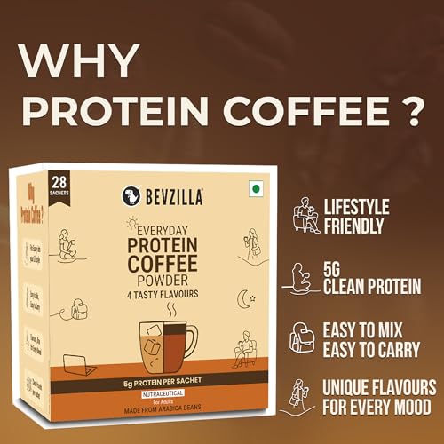 Image of Bevzilla Everyday Protein Instant Coffee Powder |280 GM(28x10g) | 5g Protein Each | Arabica Coffee | No Added Sugar | Hot & Cold Coffee Premix for Energy & Fitness
