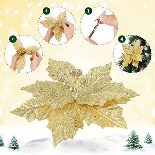 Toddmomy 12Pieces Christmas Glitter Poinsettia Flowers, Artificial Poinsettia Decorations Christmas Tree Floral Ornaments with Stems and Clips for Xmas Holiday Seasonal Decorations, Golden