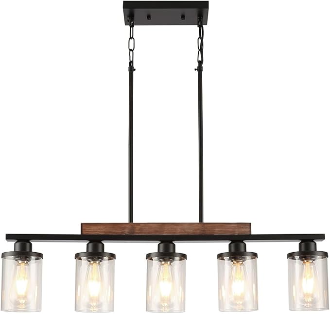 Feohak Dining Room Light Fixture,5-Light Kitchen Island Lighting Farmhouse Chandelier,Matte Black Metal Wood Industrial Pendant Lighting,Modern Dining Table Lights