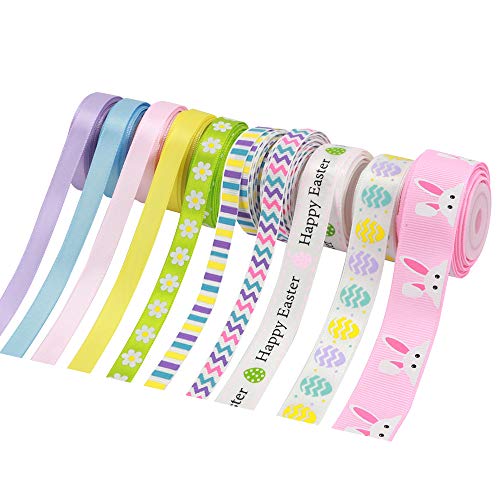 MEEDEE Happy Easter Ribbon Bunny Easter Eggs Flower Chevron Stripe Print Ribbon Grosgrain Ribbons Assortment, 10 Roll with 5 Yards Each Total 50 Yards, Crafts Ribbons for Gift Wrapping Party Decor