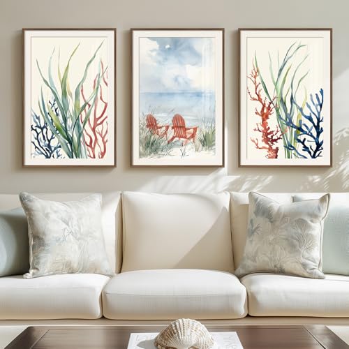 Framed Coastal Colorful Coral Wall Art for Living Room, 3