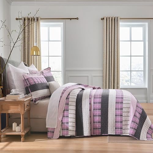 Image of Homzard 100% Cotton King Quilt Bedding Set, Pink Black Striped Plaid King Size Quilt,Lightweight Breathable Vintage Bedspread Set,Reversible Comforter Coverlet Four Season 3 Pieces Bed Set | Oeko-Tex Certified