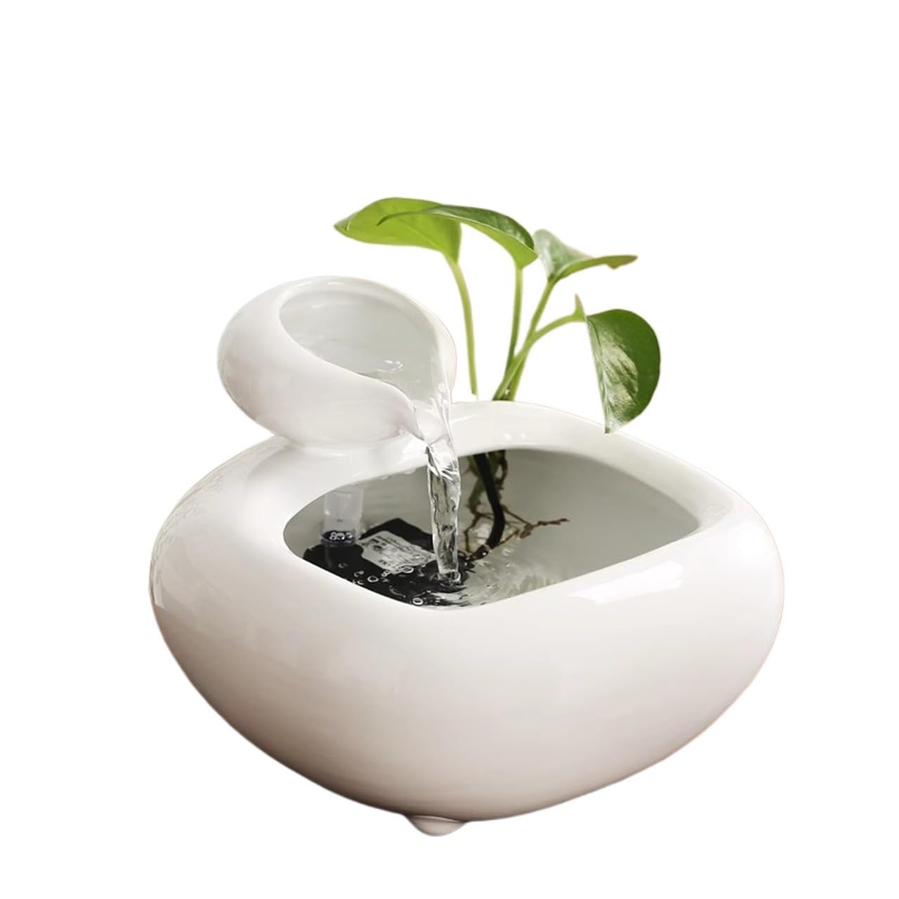 Fuente de sobremesa Fuente de Escritorio de cerámica for circulación de Agua, invitación de Riqueza, decoración de Oficina, Mesa de té, pequeña decoración Cascada de Interior(Blanco)