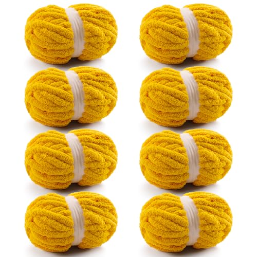 8 Pcs Chunky Yarn for Hand Knitting - Chunky Chenille Yarn for Crocheting - Fluffy Yarn for Crochet - Jumbo Yarn for Hand Knitting 25 yds 7.7 oz of Super Bulky Yarn (Golden Yellow)