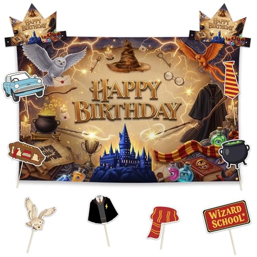 Allenjoy Cartoon Magic World Wizard Birthday Party Supplies Sets - 1pc 59" x 35" Backdrop, 2pcs Paper Headwear, 8pcs Photo Booth Props