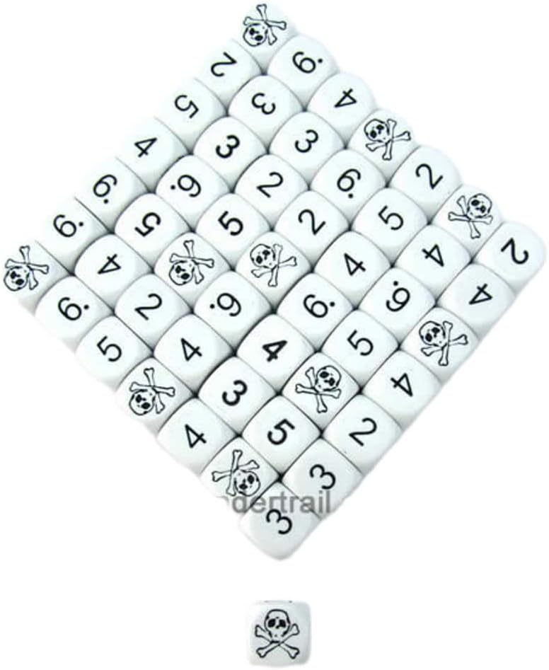 KOP05694 Skull Dice White Opaque with Black Standard Numbers 16mm (5/8in) Bulk Pack of 50 Koplow Games