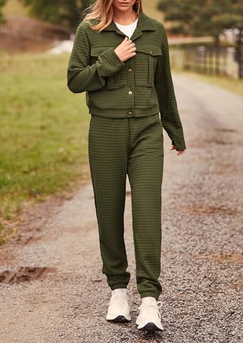 Image of PRETTYGARDEN Womens Two Piece Sets Fall 2026 Long Sleeve Button Down Shacket Jacket Long Sweatpants Tracksuit Winter Clothes