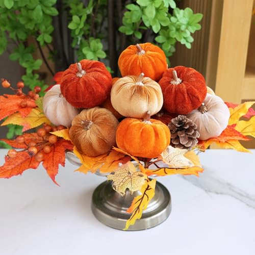 Image of Winlyn Set of 12 Small Faux Fall Harvest Velvet Pumpkins Decorative Fabric Foam Pumpkins in Rust Orange Champagne Gold 3 inch for Autumn Farmhouse Wedding Halloween Thanksgiving Table Centerpiece Decor