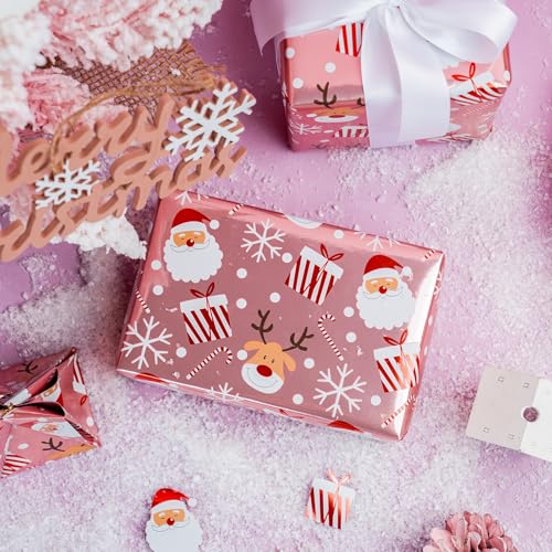 LeZakaa 30in x 32.8Ft Christmas Pink Wrapping Paper Jumbo Roll, Santa Claus & Candy Cane, Metallic Foil, Rose Gold Foil Reversible Design for Festive Winter Holiday, Family Gathering - Thumbnail 3