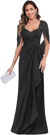 Bolodoo Cape Sleeve Mother of The Bride Dresses for Wedding Long Mermaid Ruched Chiffon Lace Formal Evening Gown