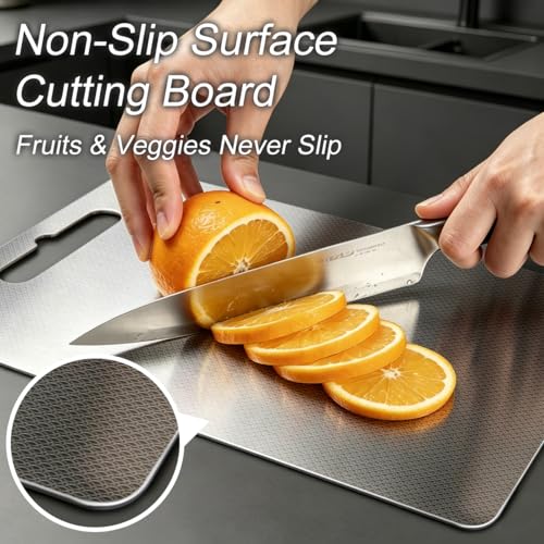 Metal Cutting Board, 15 x 11 Inch Textured Stainless Steel with Handle by JIEXINGNB - Used condition - Image 2