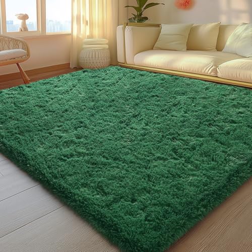 5x7 Rugs for Living Room, Large Fluffy Dark Green Area Rugs for Bedroom, Soft Carpet Shag Kids Rug with 4 Non-Slip Rug Pads (5ft x 7ft, Dark Green)