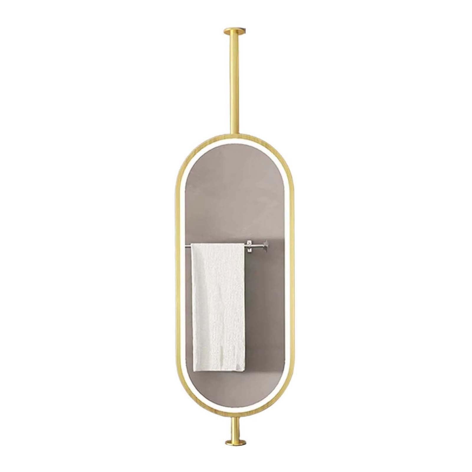 MESOVFCA Oval Ceiling-Mounted Mirror with LED Light, Bathroom Mirror with Floating Rod, 3-Color Dimmable Light, Suitable for Hotel and Apartment Decor(Gold,50x90cm)