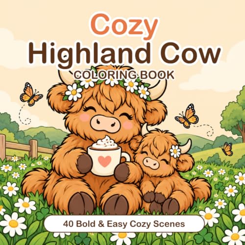 Cozy Highland Cow Coloring Book: 40 Bold and Easy Cute Cozy Scenes for Adults, Teens and Kids - Simple Thick-Line Highland Cow Designs for Relaxation and Stress Relief image 2
