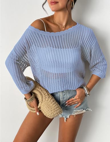 Image of Zeagoo Womens Summer Tops Crochet Sweaters Resort Wear 3 /4 Sleeve Hollow Out Knit Tops 2026 Beach Coverup