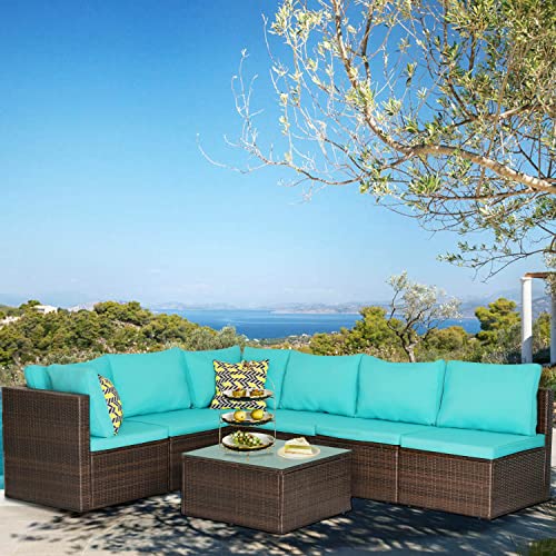 Image of PayLessHere Patio Furniture Set 7 Pieces Outdoor Furniture Wicker Conversation Set Sectional Sofa and Coffee Table Wicker Patio Conversation Sets for Backyard Porch Balcony Poolside,Blue Cushion