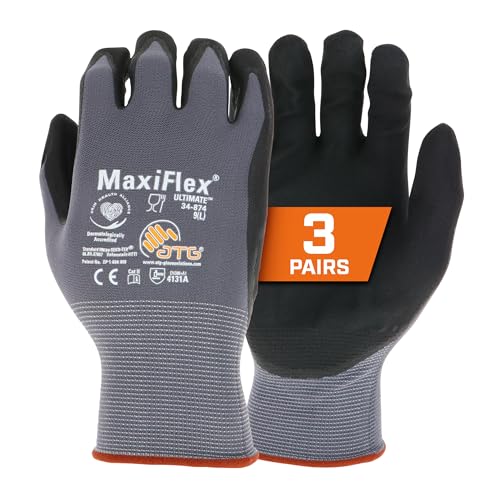 ATG MaxiFlex PIP 34-874/L MaxiFlex Ultimate, Foam Nitrile Palm Coated Gloves, Gray, Large (Pack of 3)