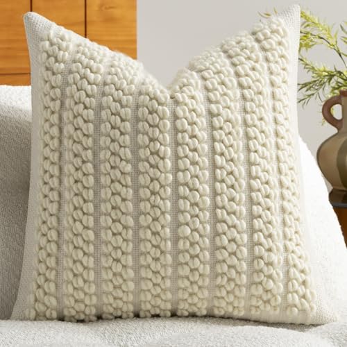 DEZENE Wool Boucle Throw Pillow Cover Premium Chic Accents Square Textured Decorative Pillow Case for Living Room Couch Sofa Home Decor 18x18 Beige