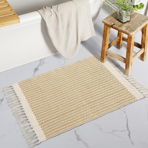 Lahome Boho Bathroom Rugs, Small 2x3 Front Door Mat Lightweight Kitchen Rug Woven Cotton Area Rug with Tassels, Farmhouse Non Shedding Washable Throw Rug Low Pile Carpet for Entry Laundry, Khaki