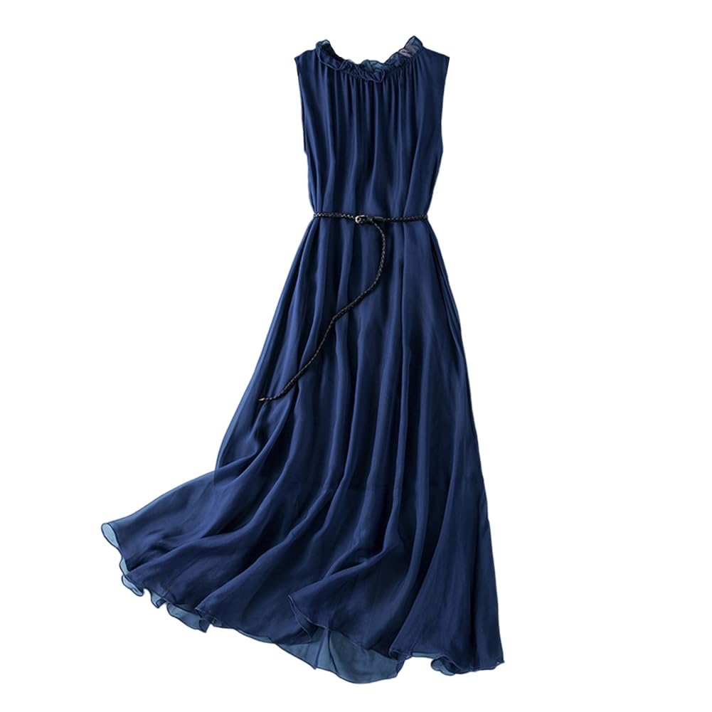 DISSA Damen Seidenkleid Einfarbiges Rundhals Ohne Arm 100% Seide Kleid Luftiges Hoch Taillierte Rüschen Knielanges Mulberry Seidenkleid,D98003