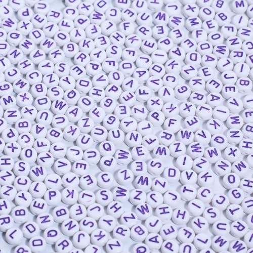 Xilitata Purple Letter Beads Alphabet Letters White Round Bead, 4x7mm 1200pcs, Flat Letter Beads Purple Friendship Bracelets Making Kit Beads for Bracelets Purple Beads with Box