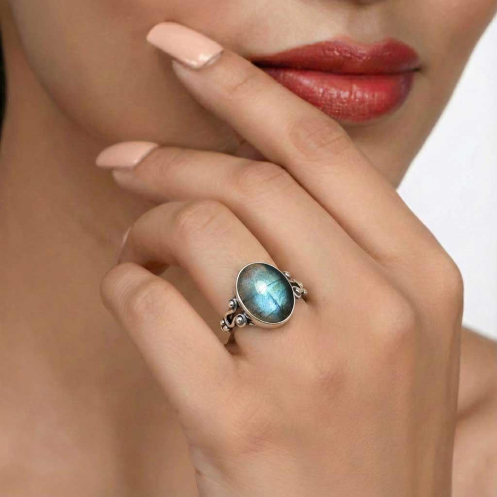 JEWELOPORIUM 925 Sterling Silver Plated Handmade Jewelry Oval Labradorite, Rose Quartz, Carnelian, Turquoise Chunky Natural Gemstone Boho Ring For Women