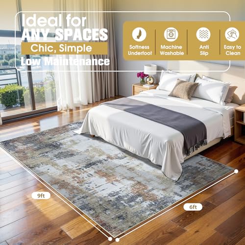 6x9 Area Rugs for Living Room Rug Washable: Abstract Rug for Dining Room Bedroom Carpet Non Slip 6 by 9 Indoor Modern Nursery Home Office Yellow Brown