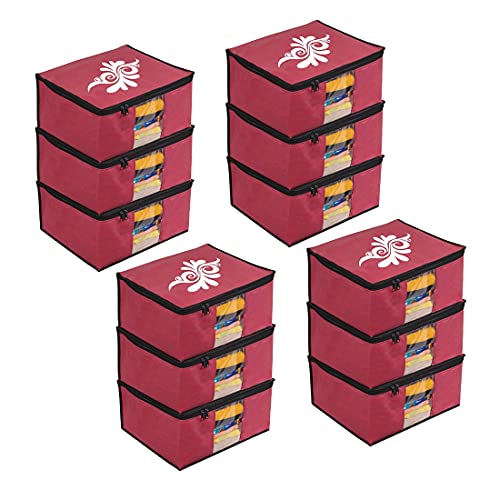 Image of PrettyKrafts Large Saree Cover With Creative Prints, Wardrobe Organiser, Clothes Cover & Storage, Zip Closure and Transparent Window | Clothes Storage Bag | Set of 12, Maroon | Size: 40 x 35 x 20 cm