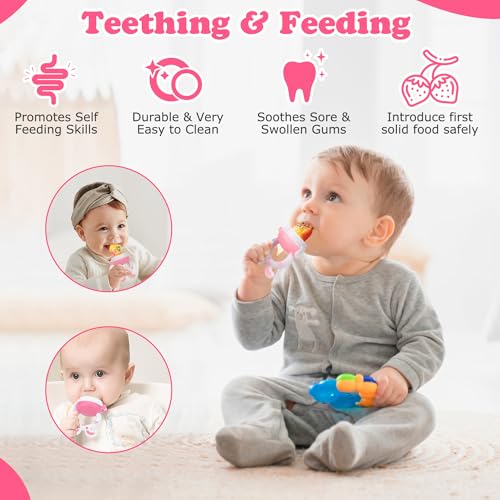 Image of WAJIAYON Baby Fruit Feeder Pacifier - 6 Pack | 2 Infant Food Feeder Pacifier & 2 Baby Food Dispensing Spoon | Fresh Fruit Teethers for Babies | Silicone Feeder Babies,Infant Teething Feeders -Pink
