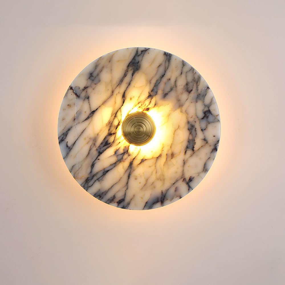 Alabaster Wall Sconce With Alabaster Veining Wall Light, Wabi Sabi Natural Stone Wall Lamp, Modern Hardwired 3000K Hallway Lighting Fixture With Round Marble Stone Vanity Light For Living Room Bedroom