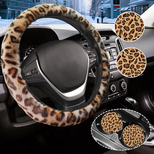 Brown Leopard Print Fuzzy Steering Wheel Cover for Women Universal Auto Steering Wheel 14-15 Inch Soft Warm Car Interior Accessories with 2PCS Car Coasters Suitable for Men and Women