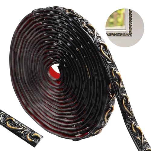 ztowoto 600cm Flexible Coving for Ceilings- Self Adhesive Wallpaper Border, Waterproof Moulding Trim 3D Vintage Pattern, Peel and Stick Wall Border for Home Decoration（Black with Gold-2cm）