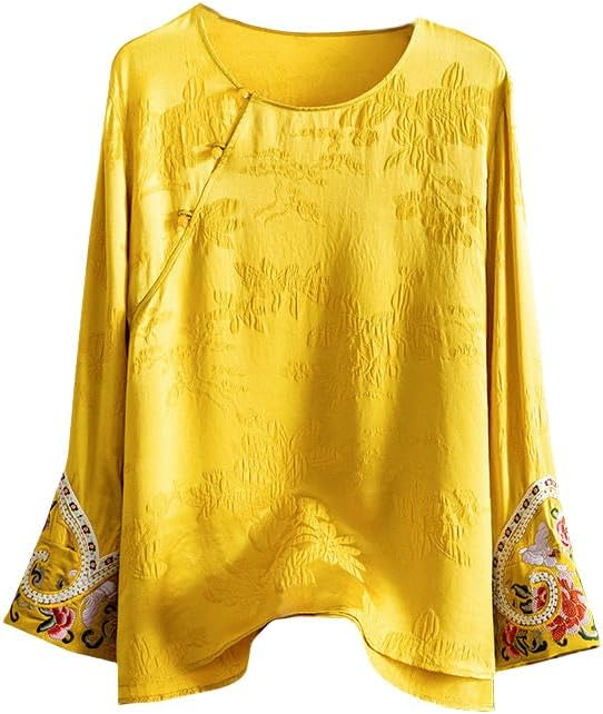 Women's Silk Jacquard Embroidered Asymmetrical Hem Blouse Summer Mulberry Silk Top