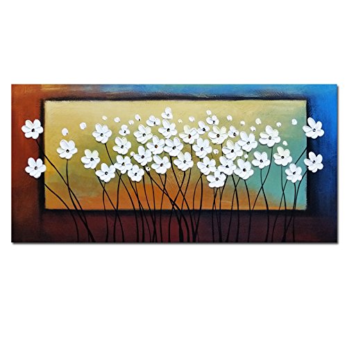 Wieco Art White Flowers Oil Paintings on Canvas Wall Art for Living Room Bedroom Home Decorations Large Modern Stretched and Framed 100% Hand Painted Contemporary Pretty Abstract Floral Artwork L