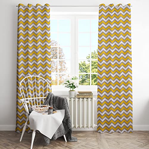 Image of HOMEMONDE Set of 2 Curtains Cotton 9 Feet Long Door Curtain Hang with Eyelets Yellow Chevron