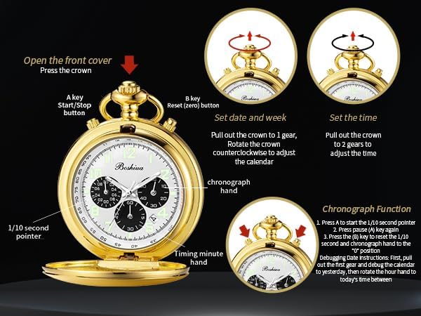 BOSHIYA 多機能ストップウォッチ カレンダー シルバー ゴールド ブラック 懐中時計 ブレスレット付き, 5つのムーブメント-