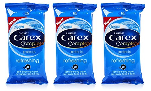 3x Cussons CAREX Refreshing Cleansing WIPES Hand Face & Body 15's Pocket Travel