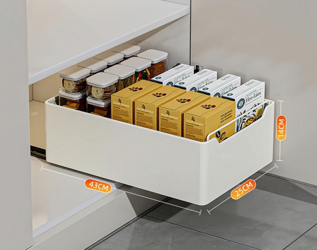 Tiroir coulissant pour cuisine, Organisateurs de cuisine extensibles sans perçage, Organisateur de tiroir de placard de cuisine en métal, Blanc, 25 cm L x 43 cm P x 14 cm H