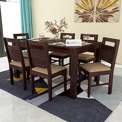Image of RECTART Sheesham Solid Wood Six Seater Dining Table with Six Chairs Back-Cut for Dining Room & Restaurant | Finish - Warm Chestnut