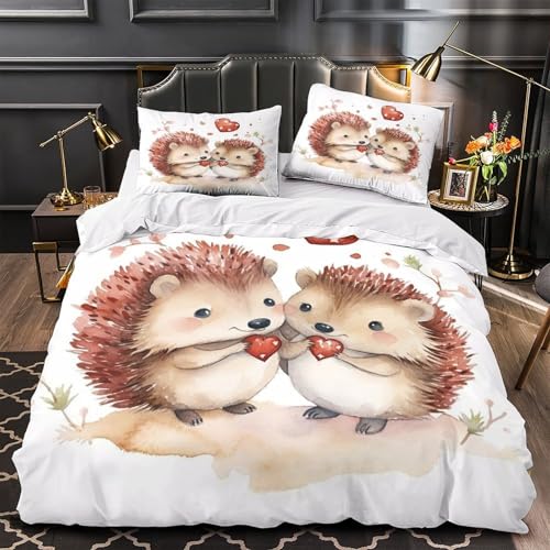 JQKZXNHPDR Cute Hedgehogs Ensemble De Literie 3D Imprimée Microfibre 3 Pièces 2xTaies Douce Watercolor Romantic Parure de Lit Super Douce Entretien Facile...