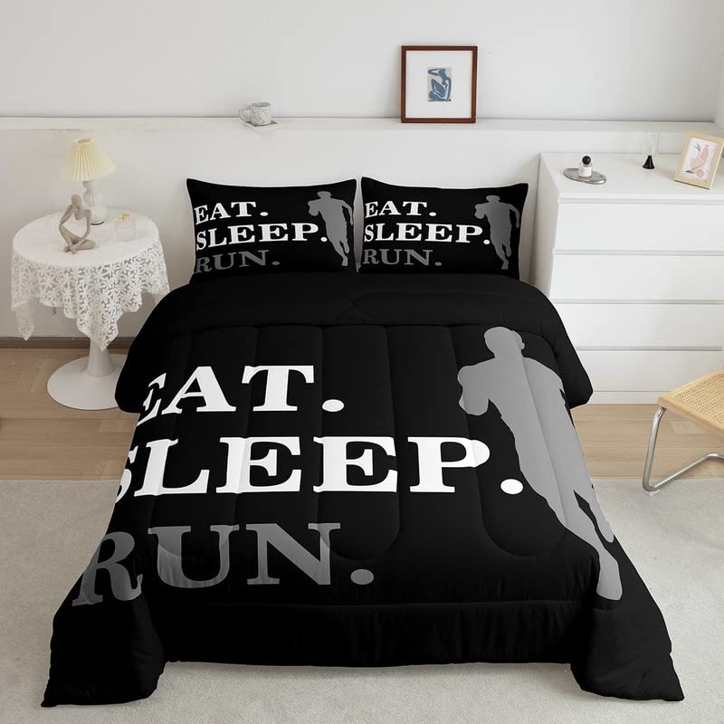 Loussiesd Running Bedding Set Kids Run Lover Duvet Set Run Sports Theme for Women Men Black Gray Room Decor Lightweight Duvet Insert With 2 Pillow Case Double