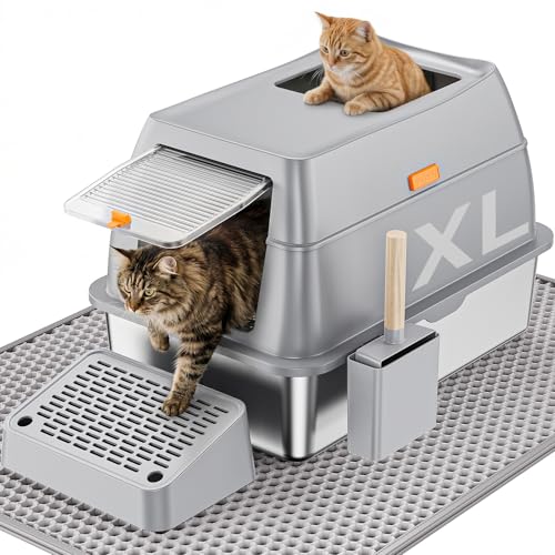 Arenero para gato de acero inoxidable grande con pala miniatura 1