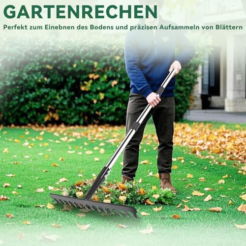 Harke Garten mit Stiel, Gartenrechen aus Metall mit 14 Zinken, Laubrechen mit Edelstahl Stiel zum Lockern von Boden und Nivellieren von Rasen, Gartenzubehör Rasenrechen Robuste