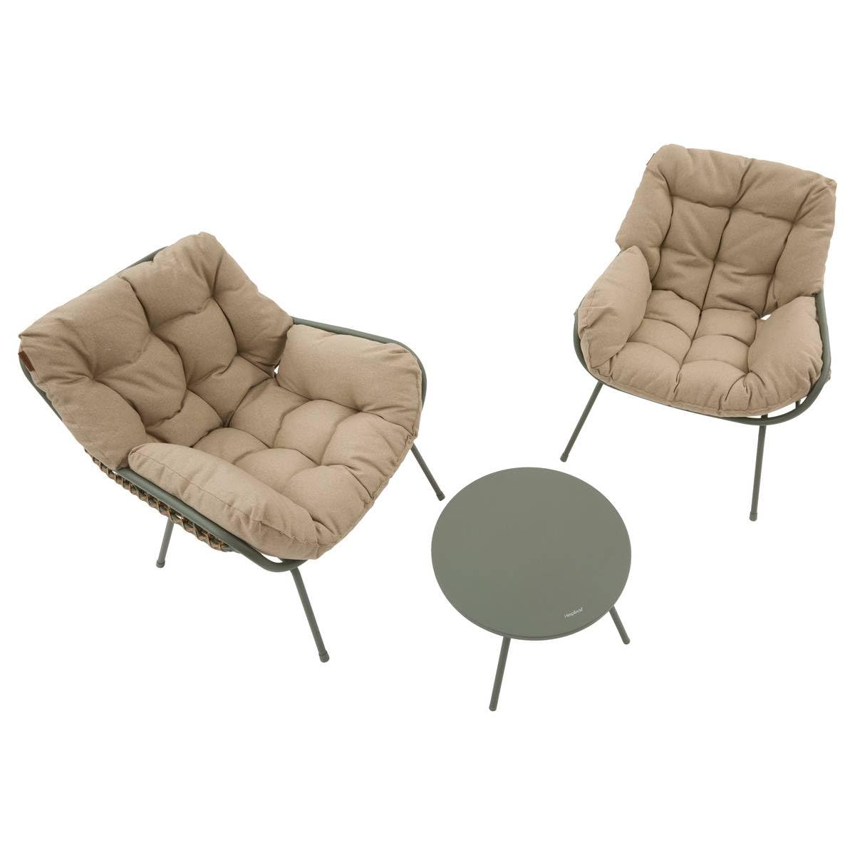 Hespéride - Set da Giardino Paopao a 3 Pezzi - Alloro, Resina Intrecciata, Acciaio Inossidabile, Cuscini Inclusi - per Balcone, Terrazzo, Piccoli Spazi