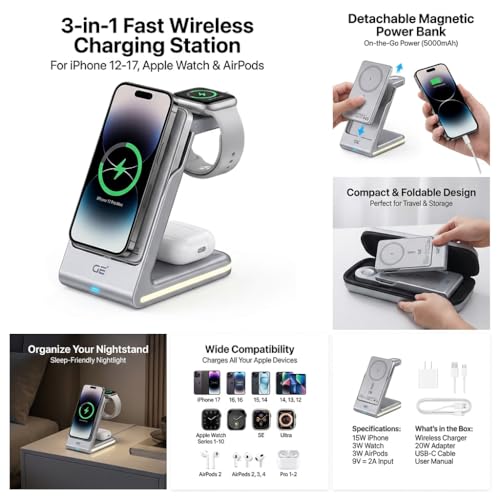 Image of GE 3-in-1 Wireless Charger Dock with 5000mAh Built-in Lithium Battery and Night Light, Compatible with iPhone 12-17 Series, Apple Watch, and AirPods 3rd Gen