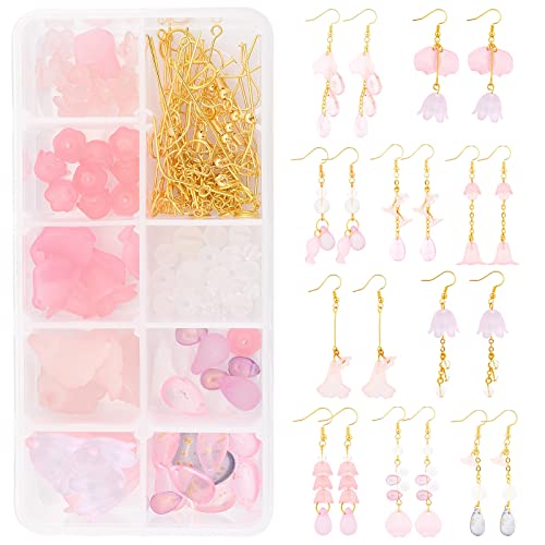 SUNNYCLUE 1 Box DIY 10 Pairs Frosted Acrylic Calla Lily Flower Dangle Earring Making Kits Pink White Acrylic Flower Beads Caps Pendants with Earring Hook Jewelry Findings Supplies Instruction