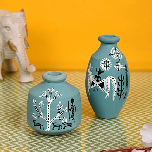 Image of AAKRITI ART CREATIONS Wooden Wall Decor Shelf with 2 Pots Madhubani Design | Handcrafted Wooden Hanging Shelf with Terracotta Vases | Matte Finish Decorative Art for Living Room, Entryway & Gifting