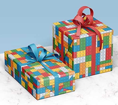4 x Building Blocks Recyclable Wrapping Paper Boys and Girls Birthday - Premium Gift Wrap Sheets 70cm x 50cm each. 100% Recycled Eco Friendly Paper
