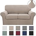 Turquoize 3 Piece Stretch Sofa Covers Loveseat for 2 Cushion Couch Covers Slipcovers Including Base Cover and 2 Individual Seat Cushion Covers, Thick Jacquard Customized Fitting (Medium, Sand)