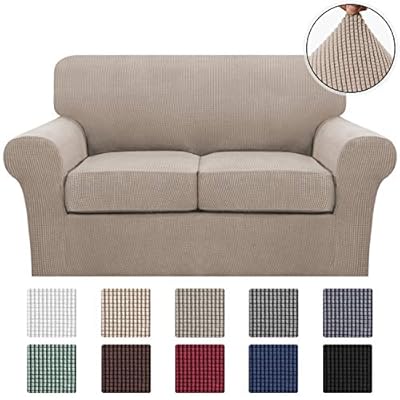 Turquoize 3 Piece Stretch Sofa Covers Loveseat for 2 Cushion Couch Covers Slipcovers Including Base Cover and 2 Individual Seat Cushion Covers, Thick Jacquard Customized Fitting (Medium, Sand)